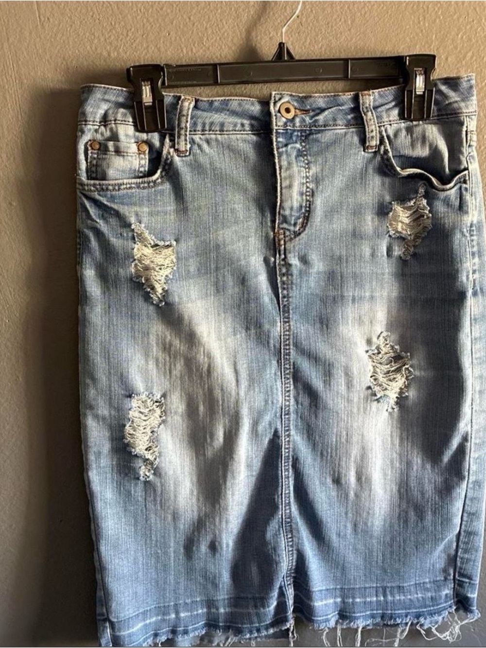 Light Blue Distressed Midi Denim Skirt